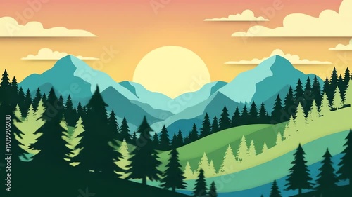 Serene Mountain Landscape at Sunrise with Pine Forest and Clouds