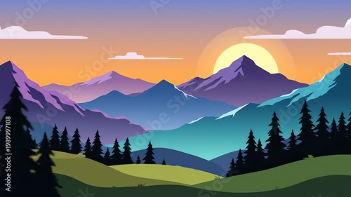 Stylized Mountain Landscape at Sunset with Pine Trees and Colorful Sky