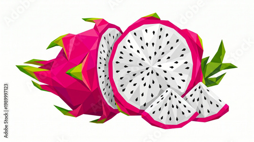 Low Poly Dragon Fruit Isolated on White Background, Vibrant Pink Pitaya Vector Illustration
