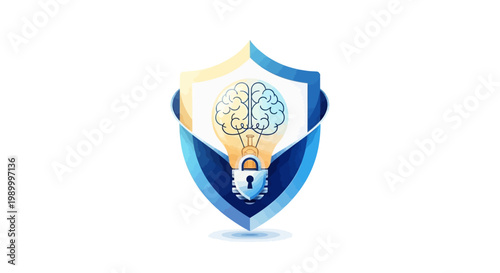 Stylized vector graphic depicting the concept of intellectual property rights on World Intellectual Property Day, featuring a brain inside a lightbulb protected by a shield with a lock