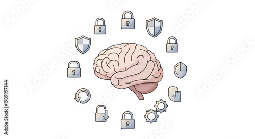 A vector illustration depicting the concept of intellectual property rights and copyright, showcasing a brain encircled by lock and shield icons against a clean white background