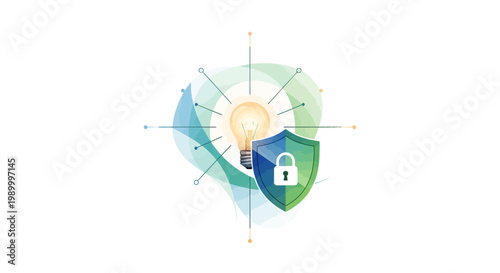 A stylized vector illustration depicting the concept of intellectual property rights and copyright, featuring a glowing lightbulb protected by a shield and padlock, symbolizing patent