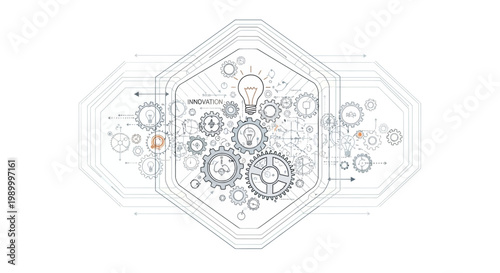 A vector illustration showcasing the concept of intellectual property rights and copyright, with gears and a lightbulb inside a hexagon, symbolizing patent and innovation for World