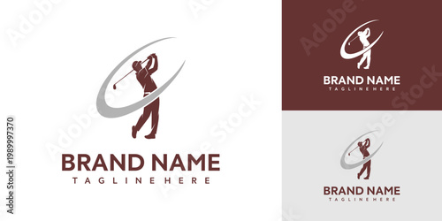 Golf player swings club in motion with logo and brand name on various backgrounds
