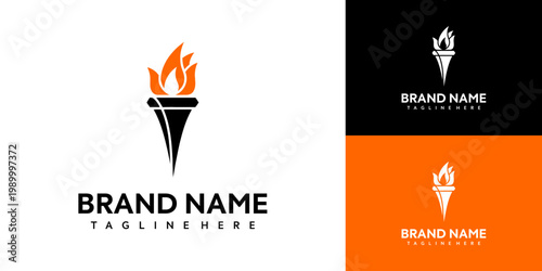 A close-up view of a stylized torch logo with flames on a white background next to a brand name and a tagline on a black and orange color block.