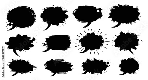 Set of grunge speech bubbles and thought clouds in various shapes.