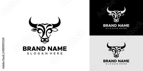 A bull logo design with brand name and slogan on white background with black and grey variations
