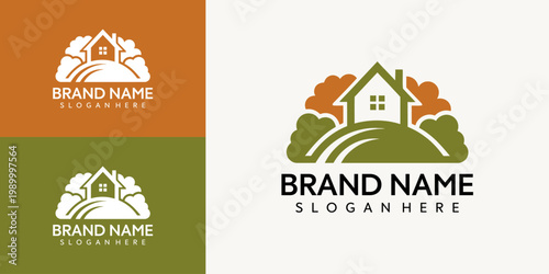 A logo design featuring a house with trees on a hill with a brand name and slogan on a white background with green and orange squares.