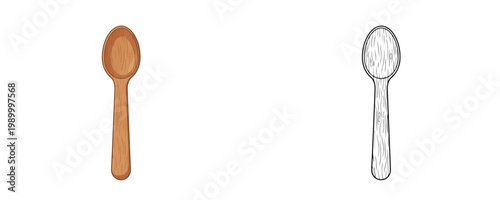 Eco-friendly wooden spoon in cartoon and linear styles with brown wood texture used for ecological catering and organic food serving isolated on white background