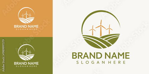 A green and orange logo with wind turbines on hills showcases a brand name and slogan on a white background with green and orange squares.