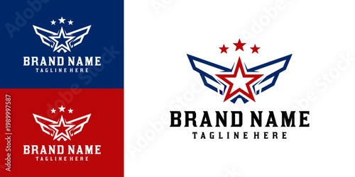 Graphic designer creates logos and branding materials with winged emblems and star symbols