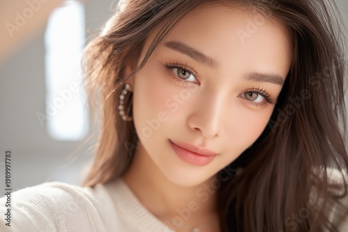 A Korean woman in her 20s, influencer with pretty eyes and rich eyelash extensions Selfie front angle photo Natural light studio neat background