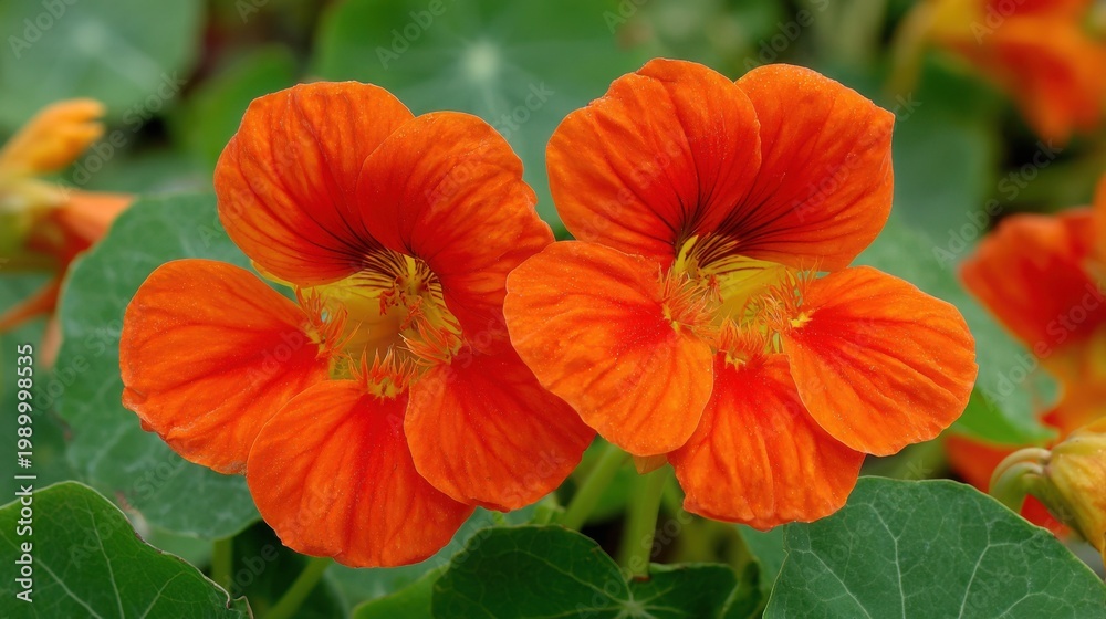 Fototapeta premium Vibrant Orange Nasturtium Flowers with Detailed Petals in Natural Garden Setting