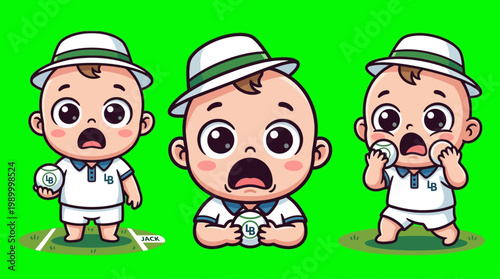 Adorable cartoon babies playing with a white ball on green background.