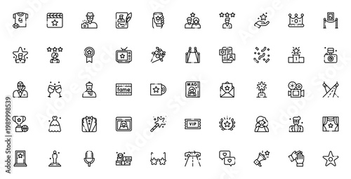 Fame icon set. Vector illustration of celebrity symbols including Oscar, trophy, red carpet, paparazzi, crown, VIP, and more. Editable line icons.