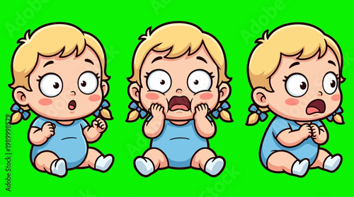 Adorable cartoon babies with blonde hair and blue outfits looking surprised.