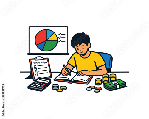 Monthly Budget Planning Concept with Person Managing Personal Finance at Desk Flat Vector Illustration