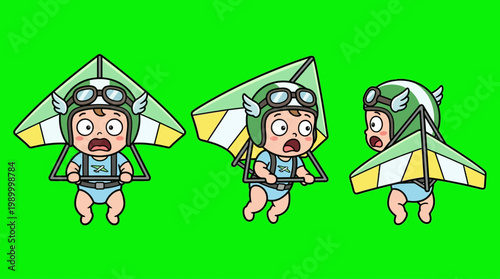 Adorable Baby Cartoon Hang Gliding with a Green and Yellow Wing.