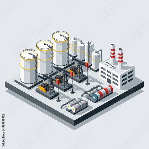 Isometric Oil Refinery and Petroleum Production Plant Illustration.