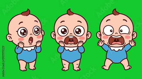 Adorable Cartoon Babies Expressing Surprise and Shock on Green Background.