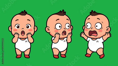 Adorable Cartoon Babies Expressing Surprise and Shock in Various Poses.