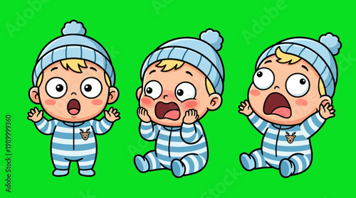 Adorable Cartoon Babies Expressing Surprise and Shock on Green Background.