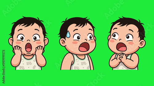 Adorable Cartoon Babies Expressing Surprise and Shock on Green Background.