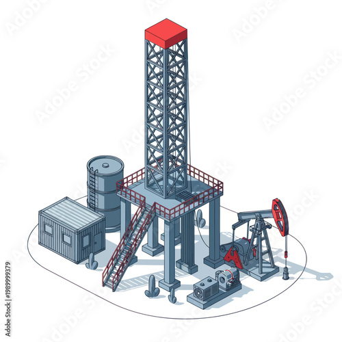 Oil Rig and Pumping Jack Industrial Scene.
