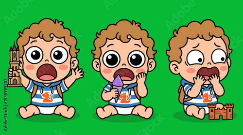 Adorable Cartoon Babies Expressing Surprise and Shock with Toys.