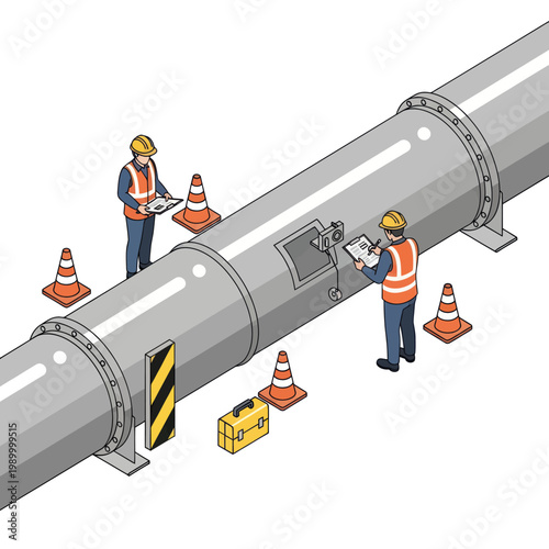 Workers inspecting a large industrial pipeline for maintenance and repair.