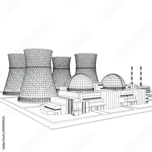 Wireframe illustration of a nuclear power plant with multiple cooling towers and reactor domes.