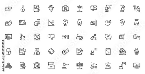 Bankruptcy icon set. Vector symbols for finance, debt, credit card, protest, tax, legal document, bank, and more. Editable thin line illustrations.