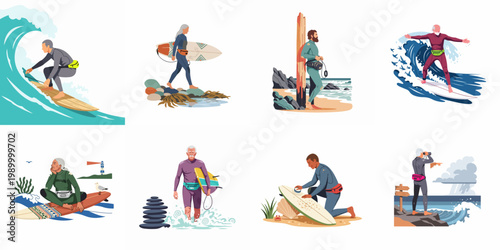 A collection of flat illustrations depicting active seniors and adults engaged in various surfing and coastal activities at the beach.