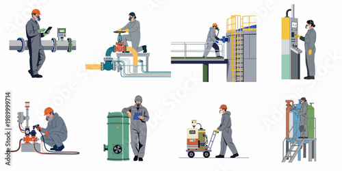 Set of industrial workers in protective suits and masks performing various technical tasks like maintenance, operation, and monitoring at a factory or refinery.