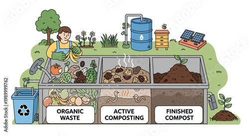 Composting process with organic waste recycling.