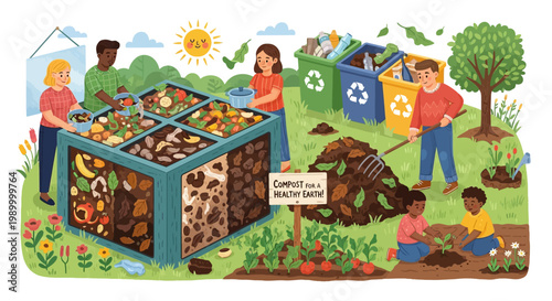 people composting in a garden.