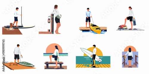 A collection of minimalist illustrations featuring men and women participating in water sports and leisure activities on wooden piers during sunrise and sunset.