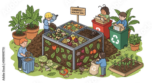 Community composting garden with people recycling.