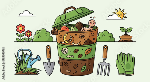 Composting garden waste with tools and earthworm.