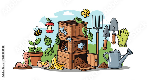 Composting garden waste with tools.