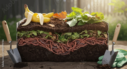 Worm composting with earthworms and organic waste.