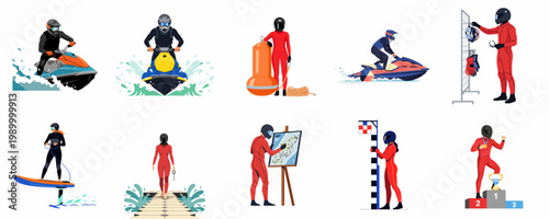 Collection of professional water sports illustrations featuring jet ski racing, hydrofoil riding, athlete preparations, and victory on a podium, isolated on white.