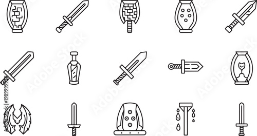 Medieval fantasy swords, shields, and potions