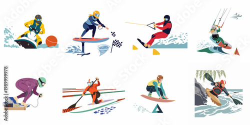 Vibrant vector illustration set featuring eight different water sports like jet skiing, surfing, kayaking, kitesurfing, and paddleboarding, capturing active summer leisure activities.