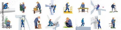 Illustrations of wind turbine technicians and traditional tea farmers, showcasing the contrast and harmony between sustainable modern energy and traditional agricultural practices.