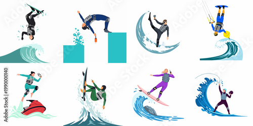 Flat Illustration Collection of People Engaged in Various Extreme Water Sports and Activities on Ocean Waves