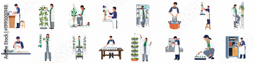 Set of flat illustrations featuring scientists in a hydroponic laboratory and restaurant staff performing various kitchen tasks and chores.