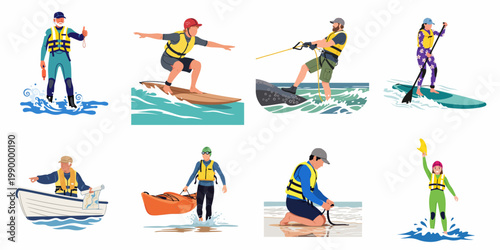Collection of diverse people engaged in various water sports and activities like surfing, kayaking, and paddleboarding, all wearing life jackets for safety.
