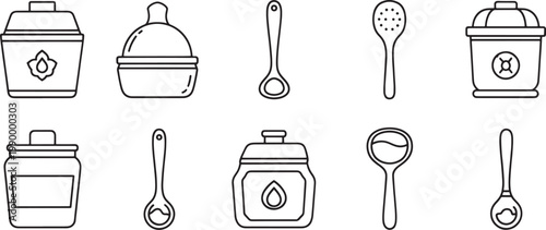 Kitchen utensils and containers, black line black and white