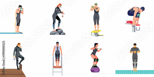 Flat Vector Illustration Set of Divers and Swimmers in Various Preparation and Training Poses for Water Sports